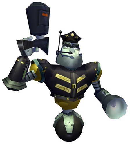 Character render of a robot police officer on one wheel holding a stun baton