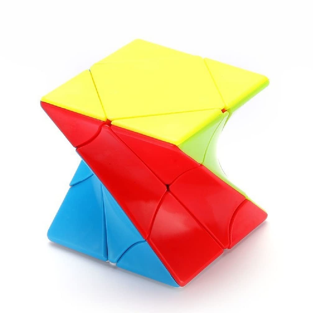 Twisted stickerless 3x3 puzzle cube in yellow, red, green and blue