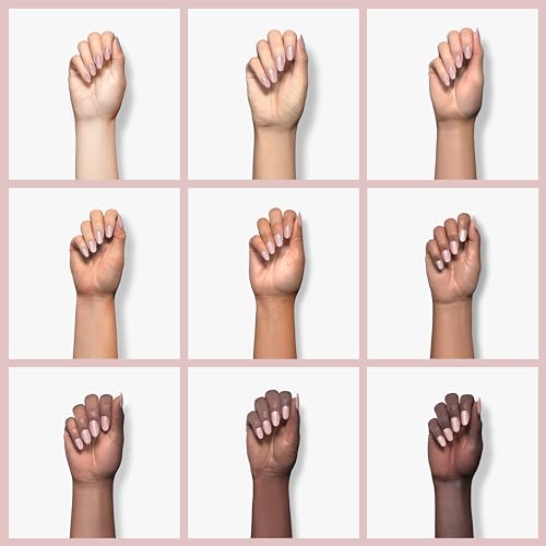 Grid of nine hands in different skin tones wearing pale pink polish