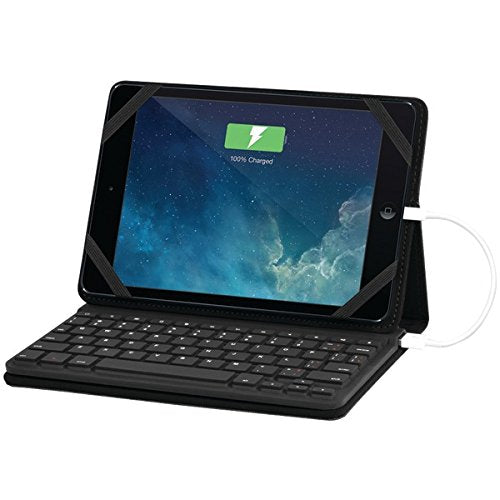 Black folio case holding a tablet upright above a Bluetooth keyboard, charging cable attached