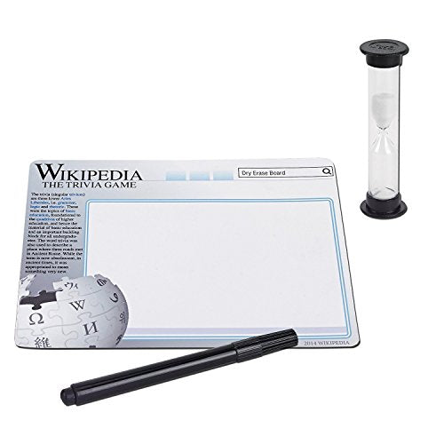 Dry erase board, black marker and sand timer from the trivia game