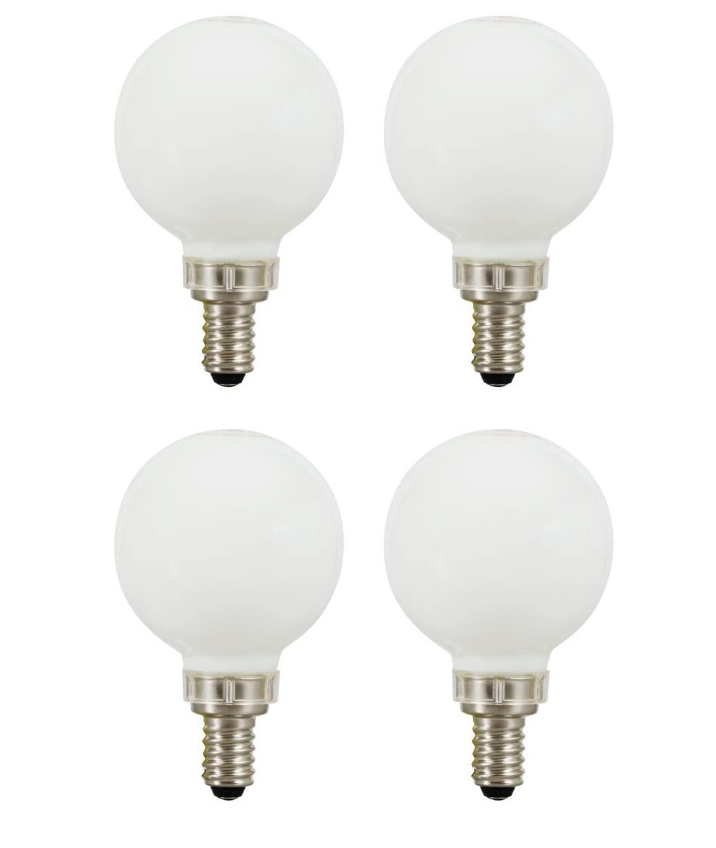 Four frosted white globe bulbs with small candelabra screw bases