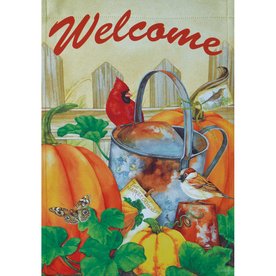 Garden flag with a cardinal and wren on a watering can among pumpkins and Welcome