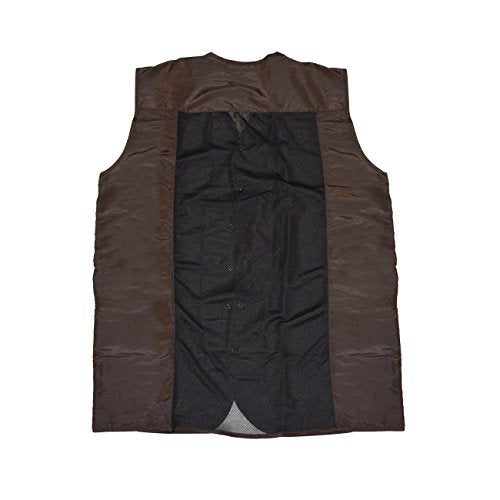 Back of the brown stylist vest with a vented black mesh panel down the centre