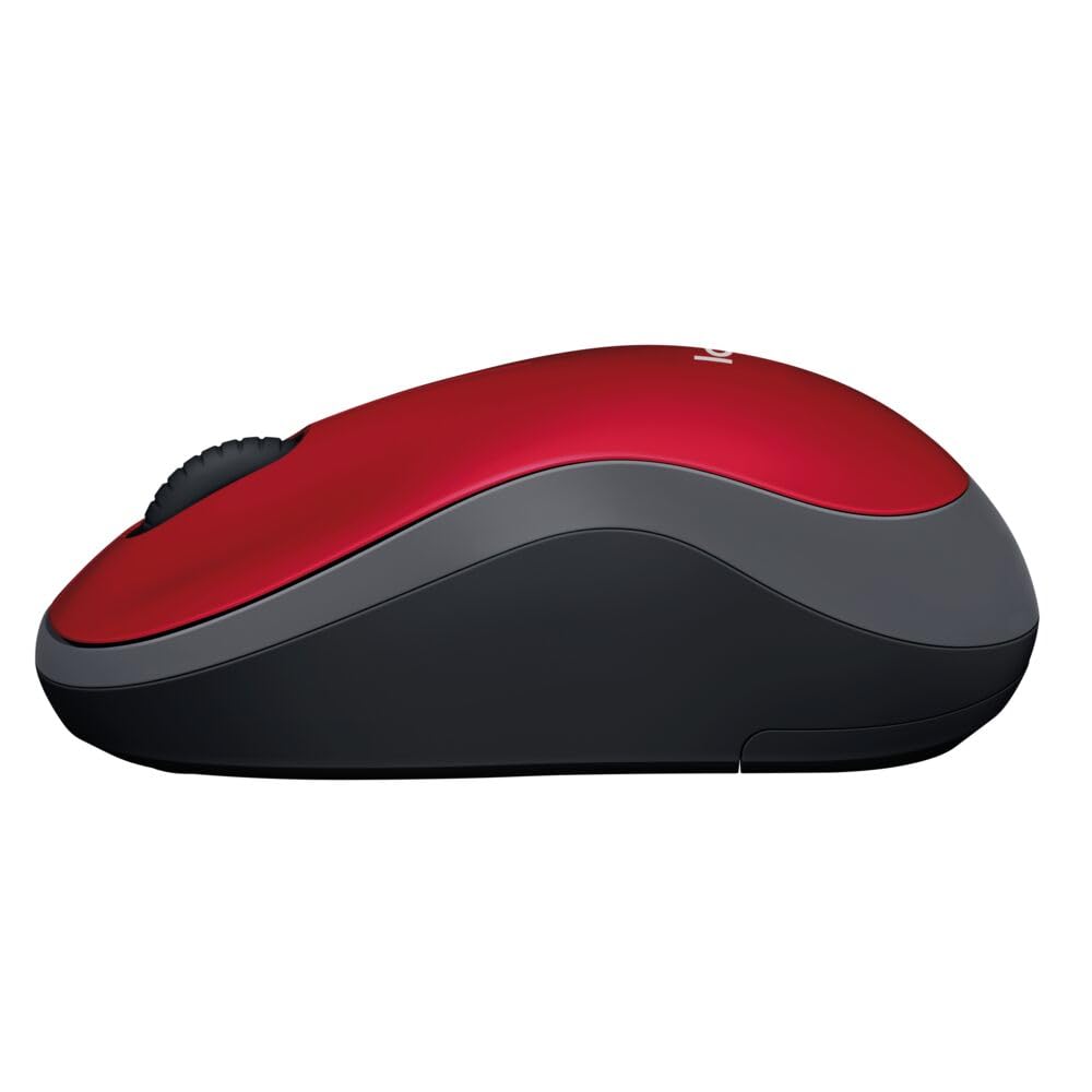 Side profile of the red and black wireless mouse