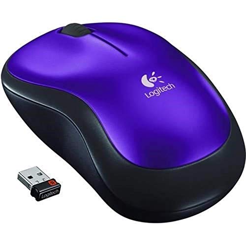 Glossy violet and black compact wireless mouse beside its USB receiver