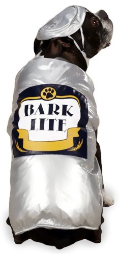 Black dog in a shiny silver can-shaped costume with a Bark Lite label and cap hat