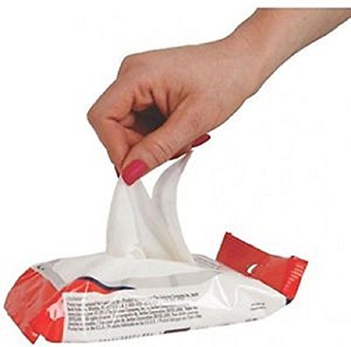 Hand pulling a white wet wipe out of an open resealable wipes pack