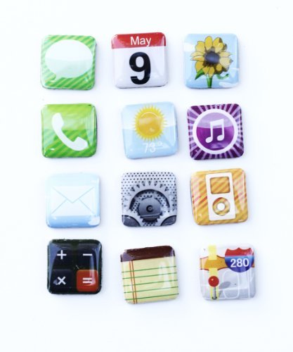 Twelve glossy square magnets printed like phone app icons: messages, calendar, weather, music and more