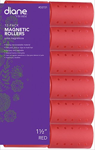 Purple card of 12 red 1-1/2 inch magnetic hair rollers with holes