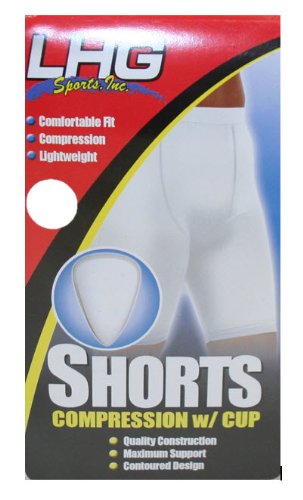 LHG Sports compression shorts with cup in red retail package, white shorts and protective cup pictured