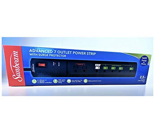 Boxed black 7-outlet power strip with surge protector and green outlet guides