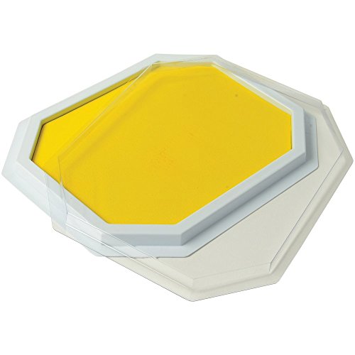 Yellow stamp pad with its clear protective lid lifted