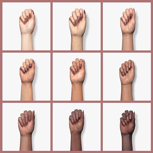 Grid of nine hands in different skin tones wearing dusty rose polish