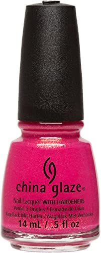 Raspberry pink shimmer nail polish bottle, front view