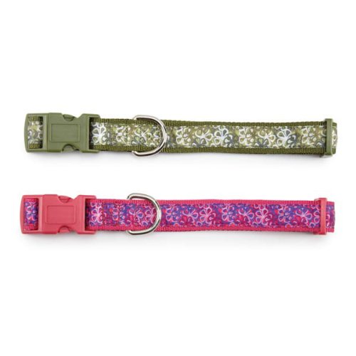 Green floral collar laid flat above a pink and purple floral version