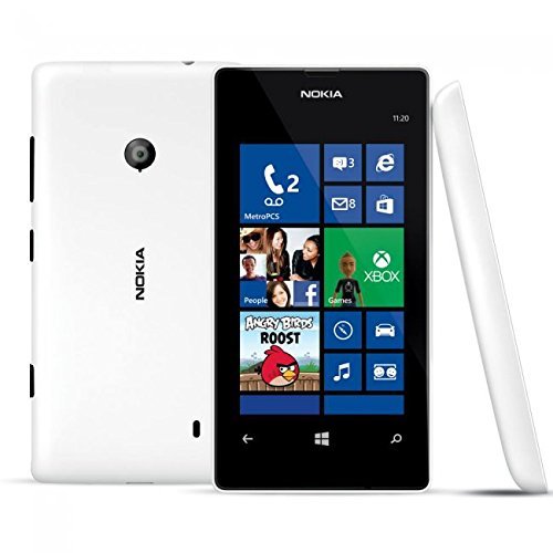 White Nokia Lumia phone front, back camera and side view, blue tile screen