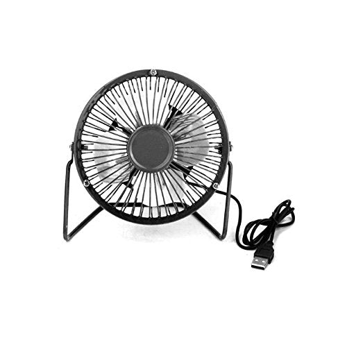 Small black wire-grille desk fan with a USB plug cable beside it