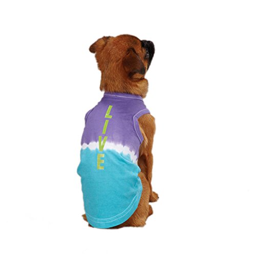 Back of a small brown dog in a purple and turquoise tie-dye tank printed LIVE in green