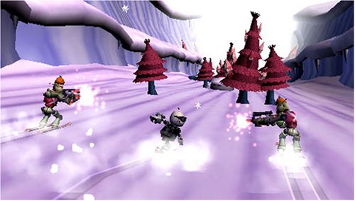 In-game scene of Clank skiing down a purple snowy slope chased by armed robots