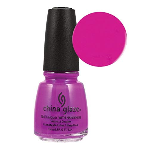 Neon purple polish bottle beside a round hot pink swatch