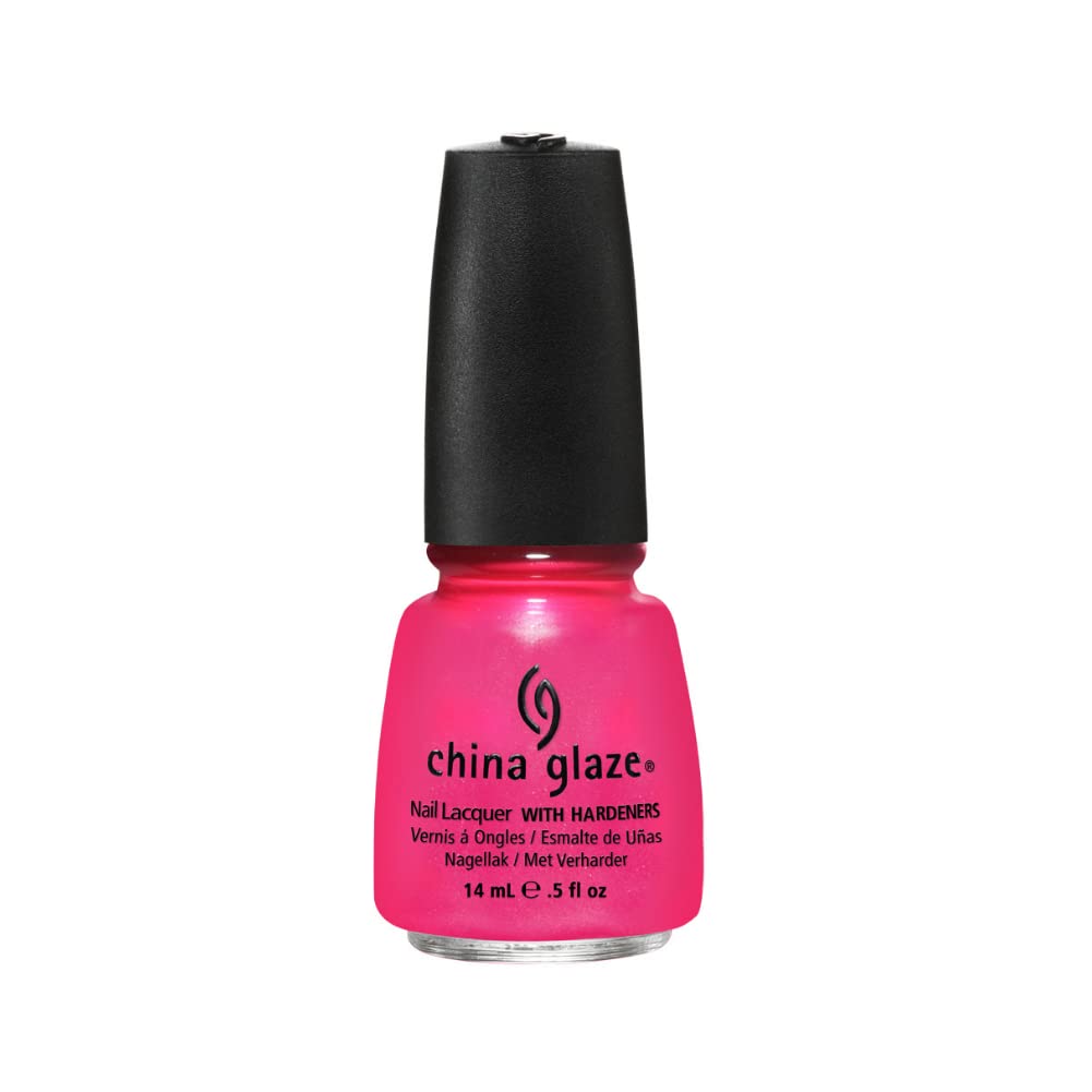 Bottle of shimmery neon pink nail lacquer with a black cap