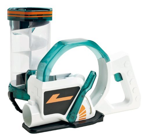 Clear spiral carrier tube attached to a white and teal launcher with handle
