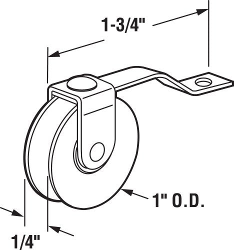 Line drawing of the spring roller: 1-3/4 inches long, 1 inch wheel, 1/4 inch wide