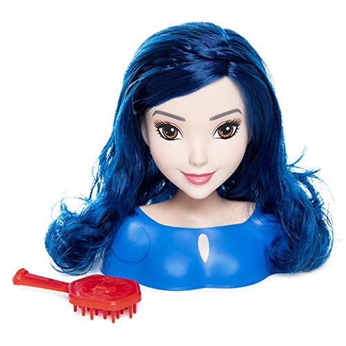 Evie styling head with long wavy dark blue hair beside a small red brush