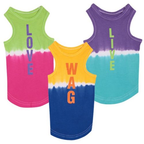 Three tie-dye dog tanks: green and pink LOVE, yellow and blue WAG, purple and turquoise LIVE