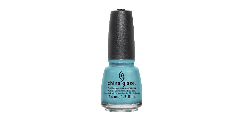 Bottle of light aqua blue shimmer nail lacquer with a black cap, 0.5 oz