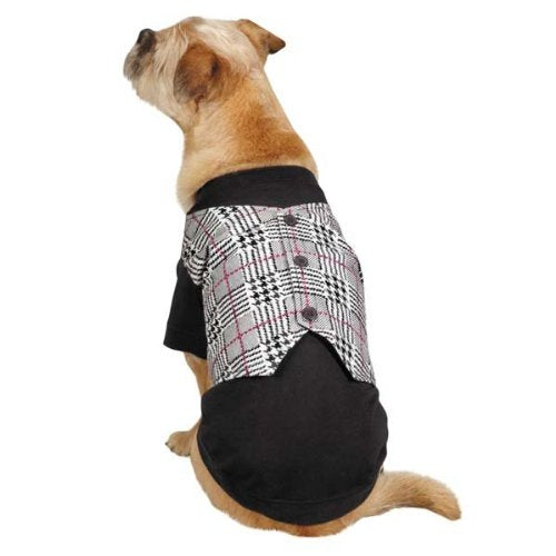 Dog in a black shirt with a mock houndstooth plaid vest front and buttons