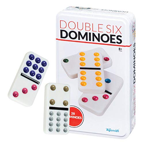 White tin of 28 double six dominoes with coloured dots, two tiles beside it