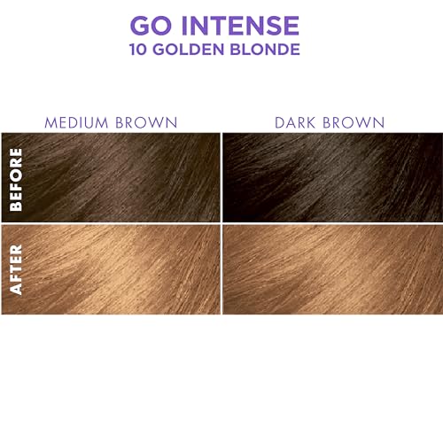 Before and after swatches: medium and dark brown hair turned golden blonde