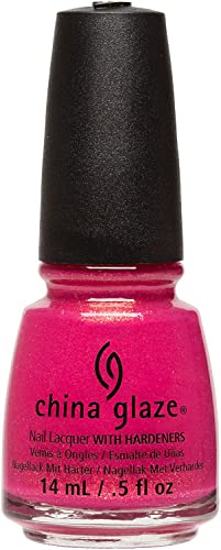 Bottle of shimmery raspberry pink nail lacquer with a black cap