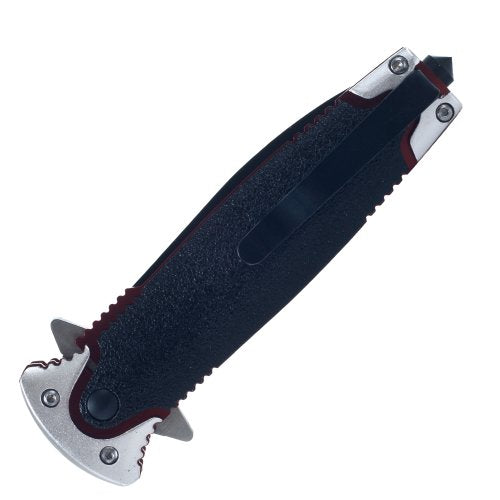 Closed folding knife showing the black textured handle and pocket clip