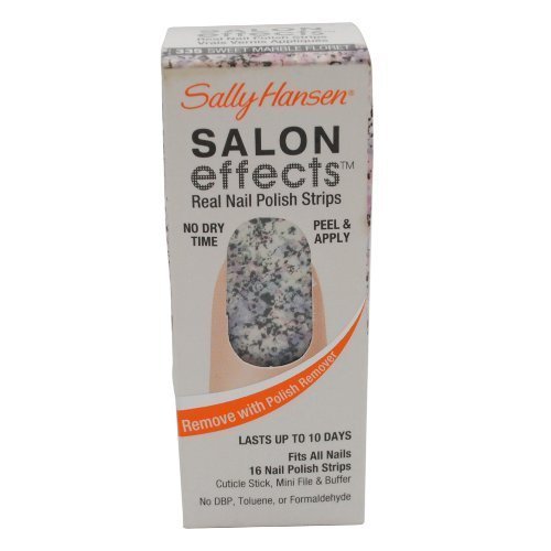 Box of nail polish strips showing a white nail with black and lilac speckled marble