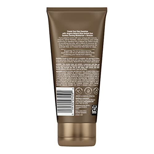 Back of the deep bronze tanning moisturizer tube with directions and ingredients