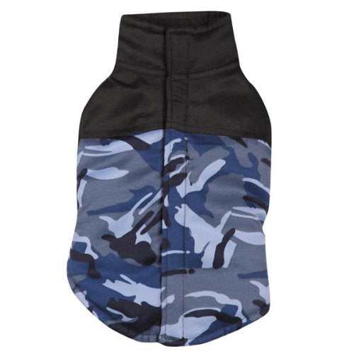 Blue camo dog vest with a black high collar, laid flat