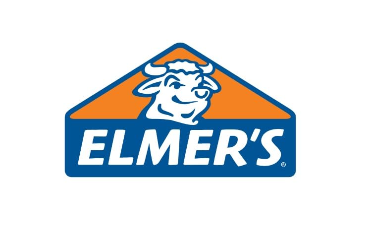 Elmer's brand emblem with smiling bull head on orange and blue