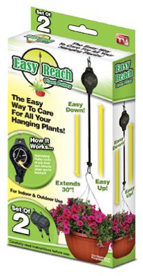 Easy Reach Plant Pulley set of 2 box, showing hanging baskets of pink flowers lowered and raised
