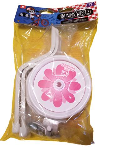 Bagged pair of white kids' bike training wheels with pink flower hubcaps and brackets