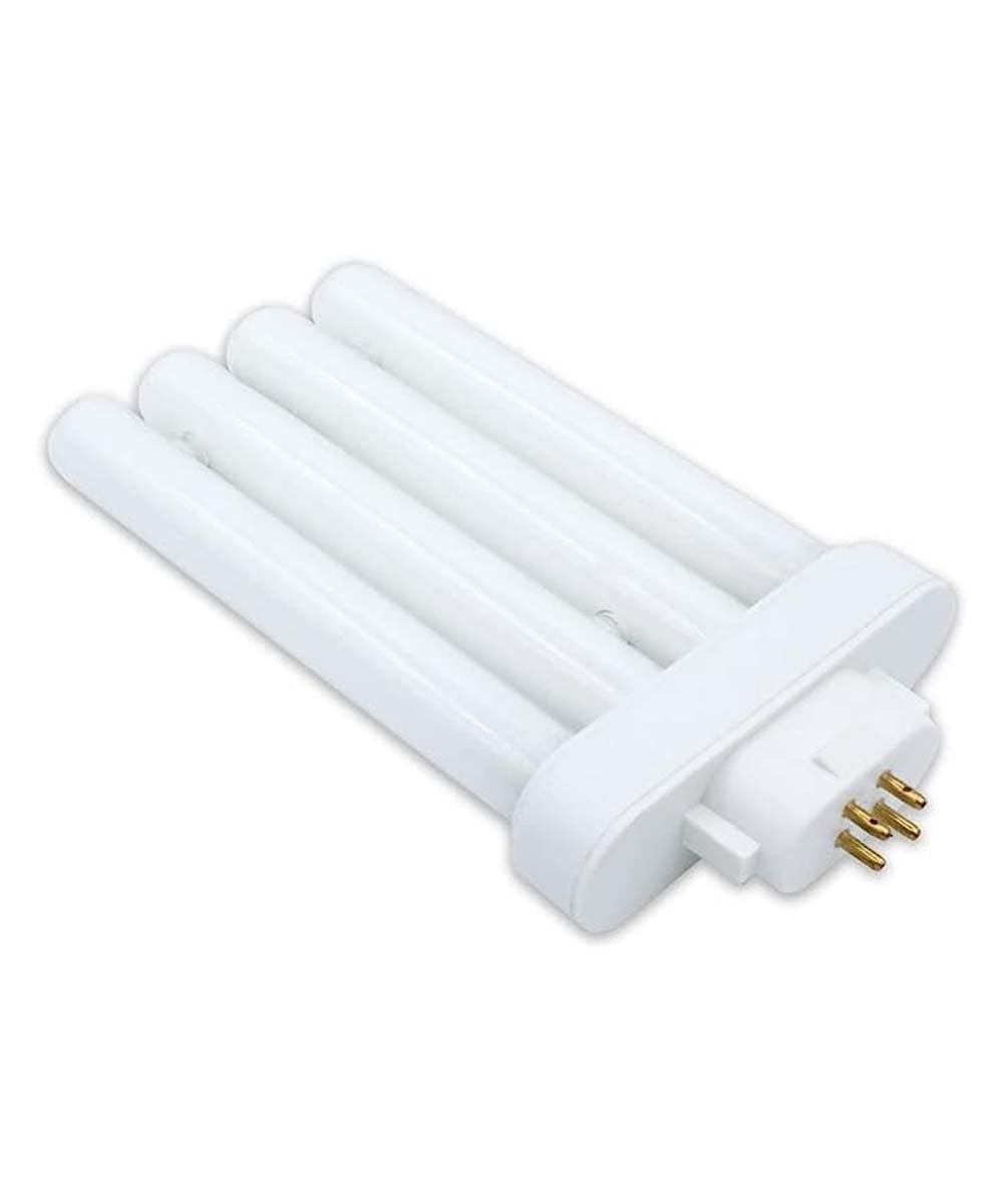 White four-tube compact fluorescent bulb lying at an angle showing its gold pins