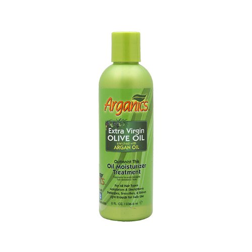 Green 8 oz bottle of olive oil and argan oil hair moisturizer treatment
