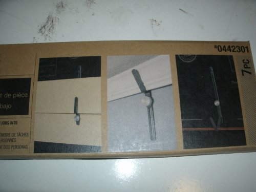 End of the work support kit box showing the supports holding boards and trim