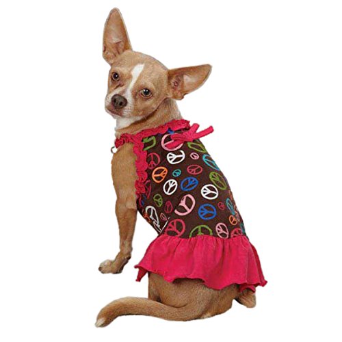 Chihuahua in a brown peace-sign print dog dress with a raspberry ruffle skirt and bow