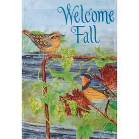 Porch flag with two songbirds on a weathered fence among hops vines and Welcome Fall