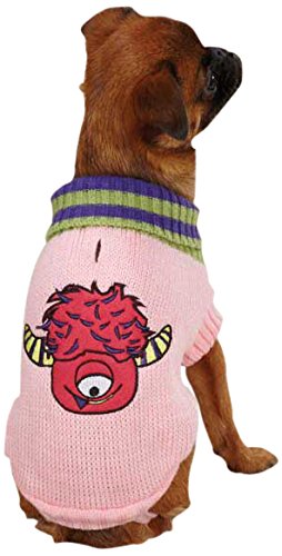 Small dog in a pink knit sweater with a striped collar and a red one-eyed horned monster