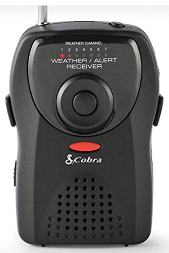 Front view of the black weather alert radio with speaker grille and red alert button