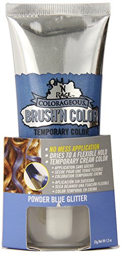 Silver tube of powder blue glitter temporary hair colour with a brush applicator cap